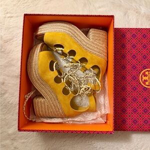 Tory Burch Yellow and Tan Wedge Sandals